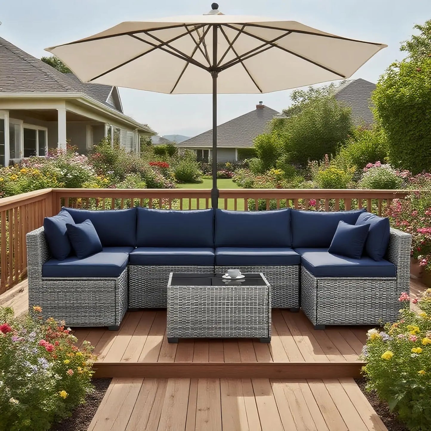 7-Piece Outdoor Rattan Sectional Sofa Set, Gray Wicker Patio Furniture Sets with Navy Blue Cushions for Balcony,, Customized