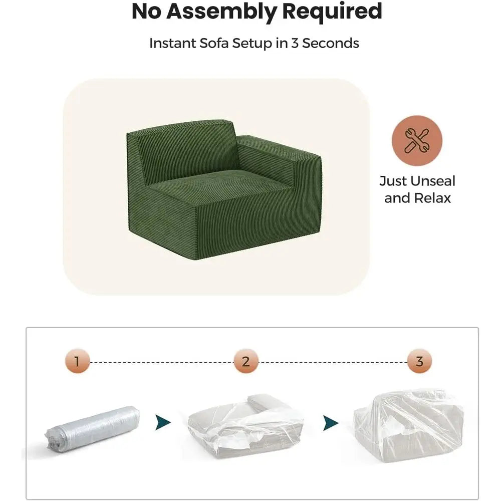 L-Shape Sectional Couch with Chaise & Ottoman, Deep Seat Sofa, Living Room/Bedroom, Ready to Use, Green Corduroy