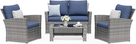 4-Piece Outdoor Wicker Patio Furniture Set, PE Rattan Sectional Sofa with Thick Cushions & Tempered Glass Table, Weather-Resist