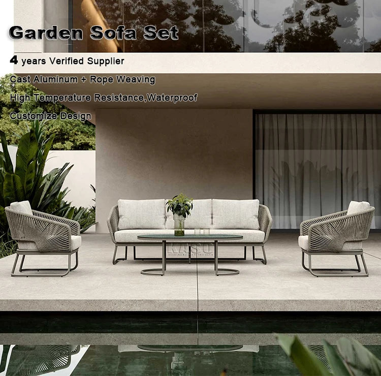 Outdoor Woven Sofa Set Corner Aluminum Backyard Nordic Leisure Hotel Courtyard Rope Weaving Patio Furniture Set Rope Garden Sofa