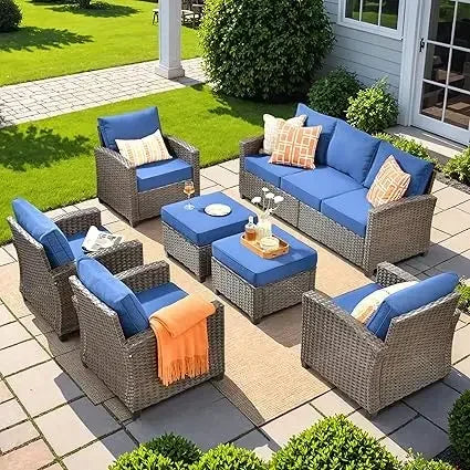 Wicker Patio Furniture Set Modern Outdoor Conversation Sofa with Cushion and Ottomans for Garden, Poolside, Backyard