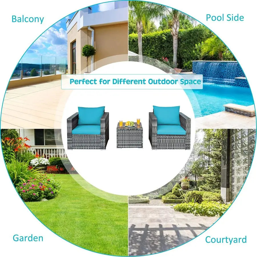 3Piece Patio Furniture Set, Outdoor Wicker Rattan Sofa with Cushions and Coffee Table, Conversation Chair Set for Poolside Back