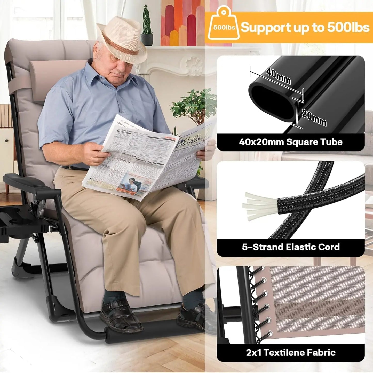 Oversized Zero Gravity Chair XXL, Padded Recliner with Aluminum Lock, Headrest, Cup Holder, Supports 500lbs, Khaki