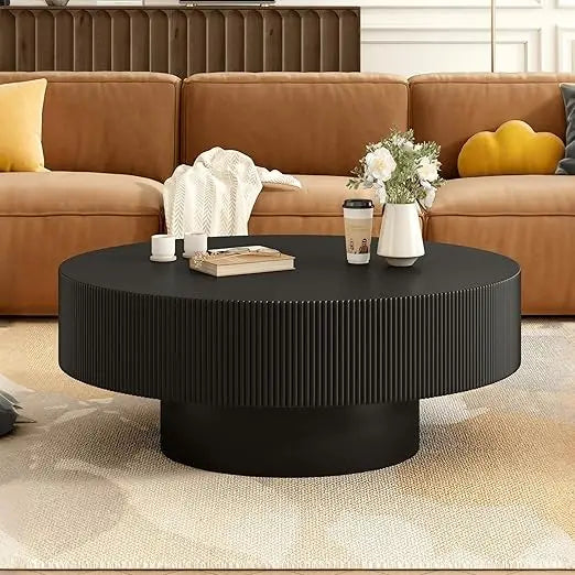 modern 31 inch round coffee table with sturdy base, wood center tables for living room reception room, easy assemble, white