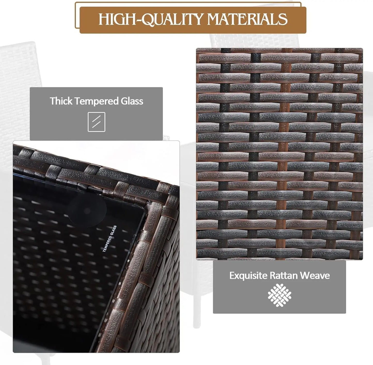 3-Piece Patio Conversation Set, Wicker Chairs with Glass Top Square Furniture Set for Garden Backyard Balcony Poolside (White)