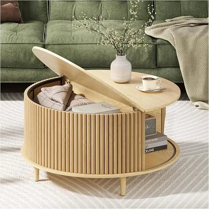 Round Coffee Table with Storage,Fluted Center Table with Sliding Cabinet Door for Living Room,Home Small Space