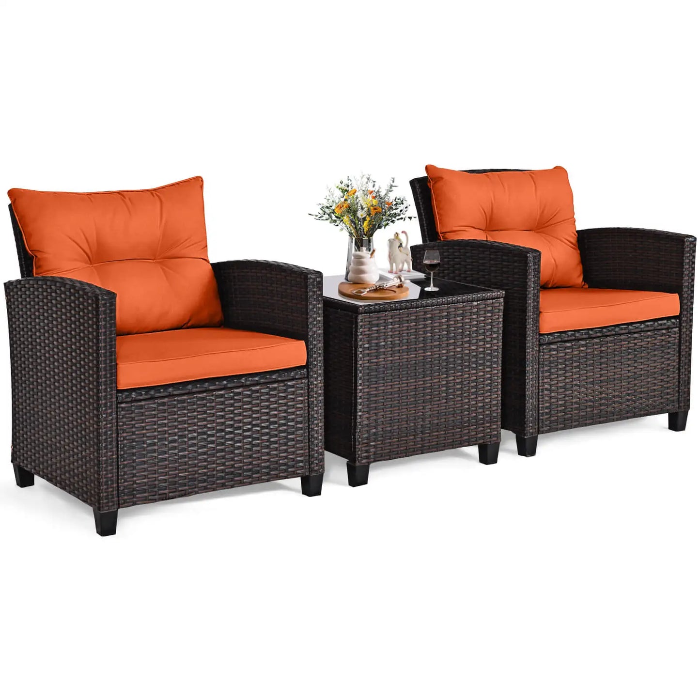 3 PCS Patio Rattan Furniture Set Cushioned Conversation Set Sofa Orange