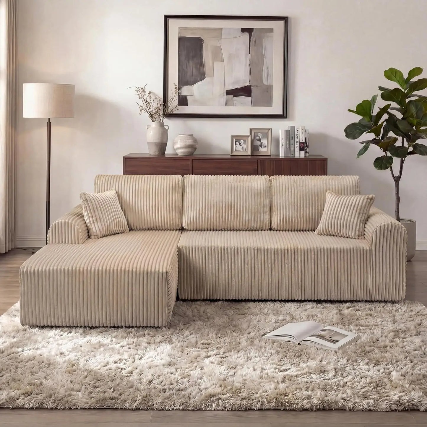 109“L-Shaped Sectional Sofa Boneless Couch Upholstery Cloud Modular Couch with Chaise No Assembly Required Corduroy Fabric Combi