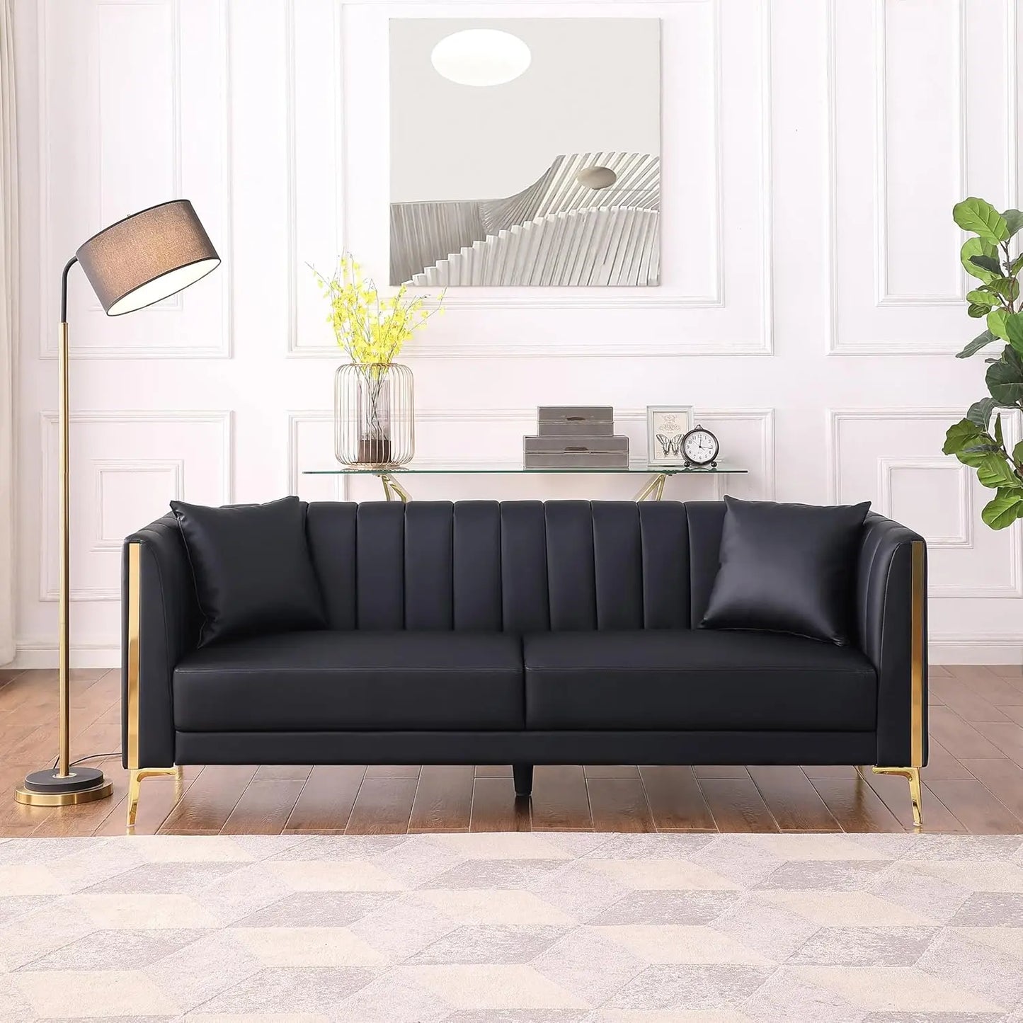 78'' Sofa, Black Couches for Living Room, Comfy Sofas Faux Leather Sofa 3 Seater Couches with 2 Throw Pillows and Gold Metal