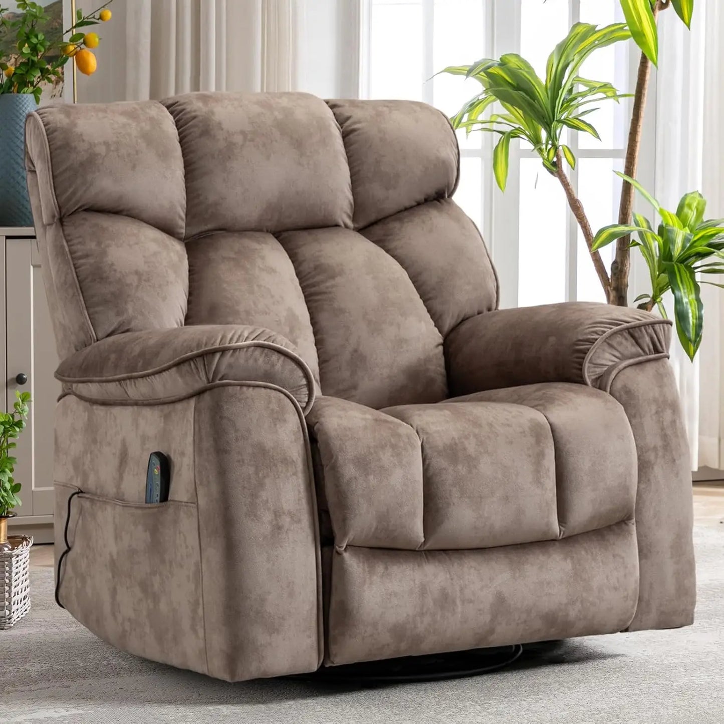 Oversized Rocker Recliner with Heat & Massage Manual Swivel Soft Fabric Brown, Customized