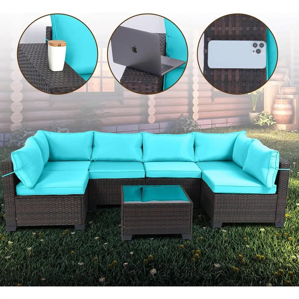 7-Piece Rattan Outdoor Patio Furniture Set with Manual Woven Wicker Sectional and Tea Table