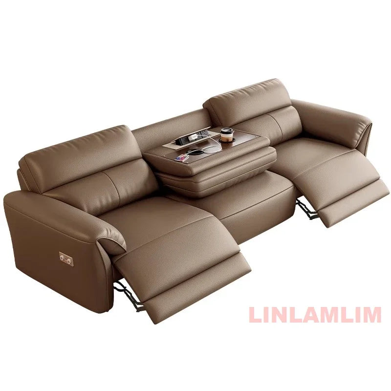 MINGDIBAO Modern Recliner Sofa with Hidden Foldable Tray Table and USB – Italian Genuine Leather Sectional Couch for Living Room