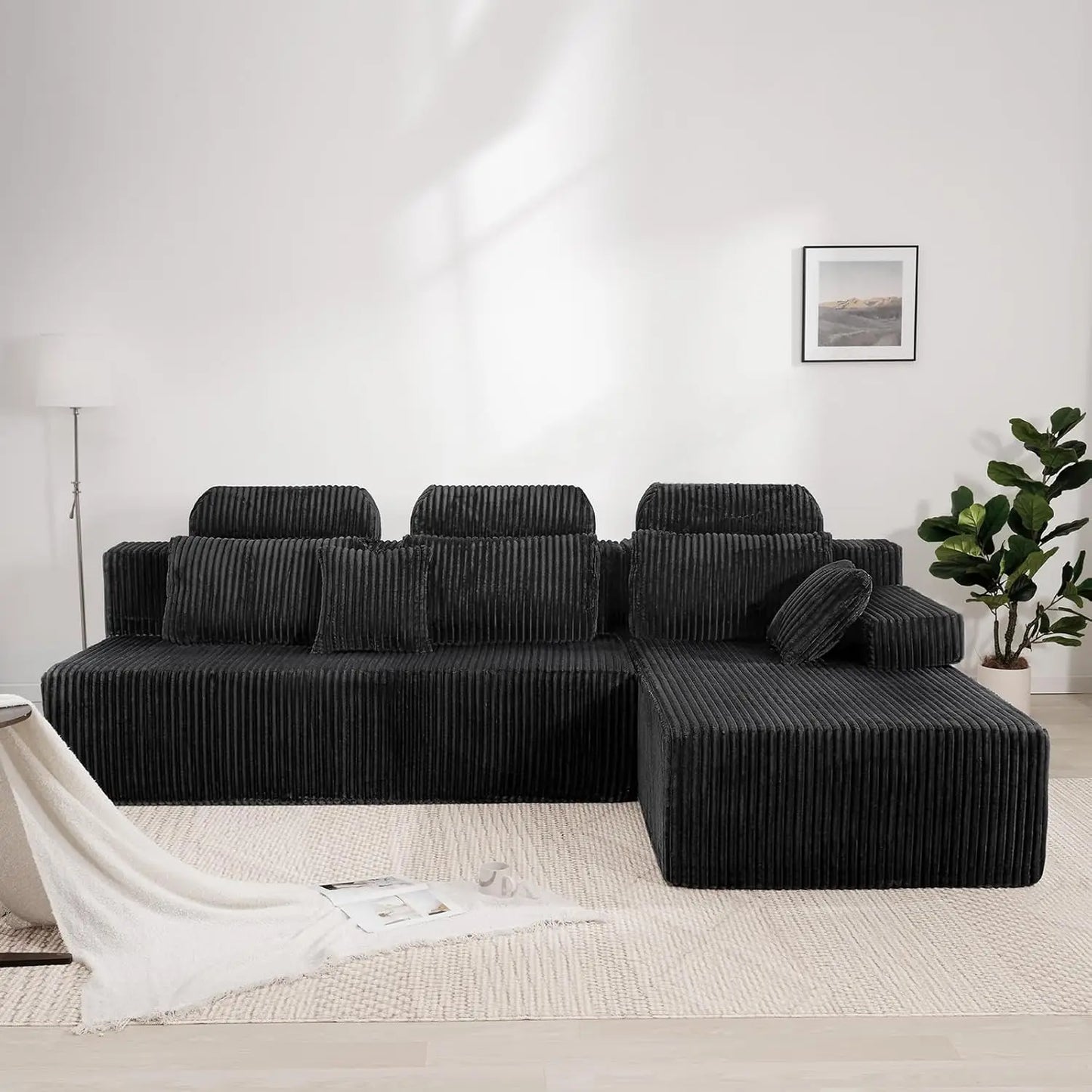 "High Backrest L-Shape Modular Sectional Sofa with Cloud Corduroy, Convertible Chaise for Left or Right Side, Bonel"