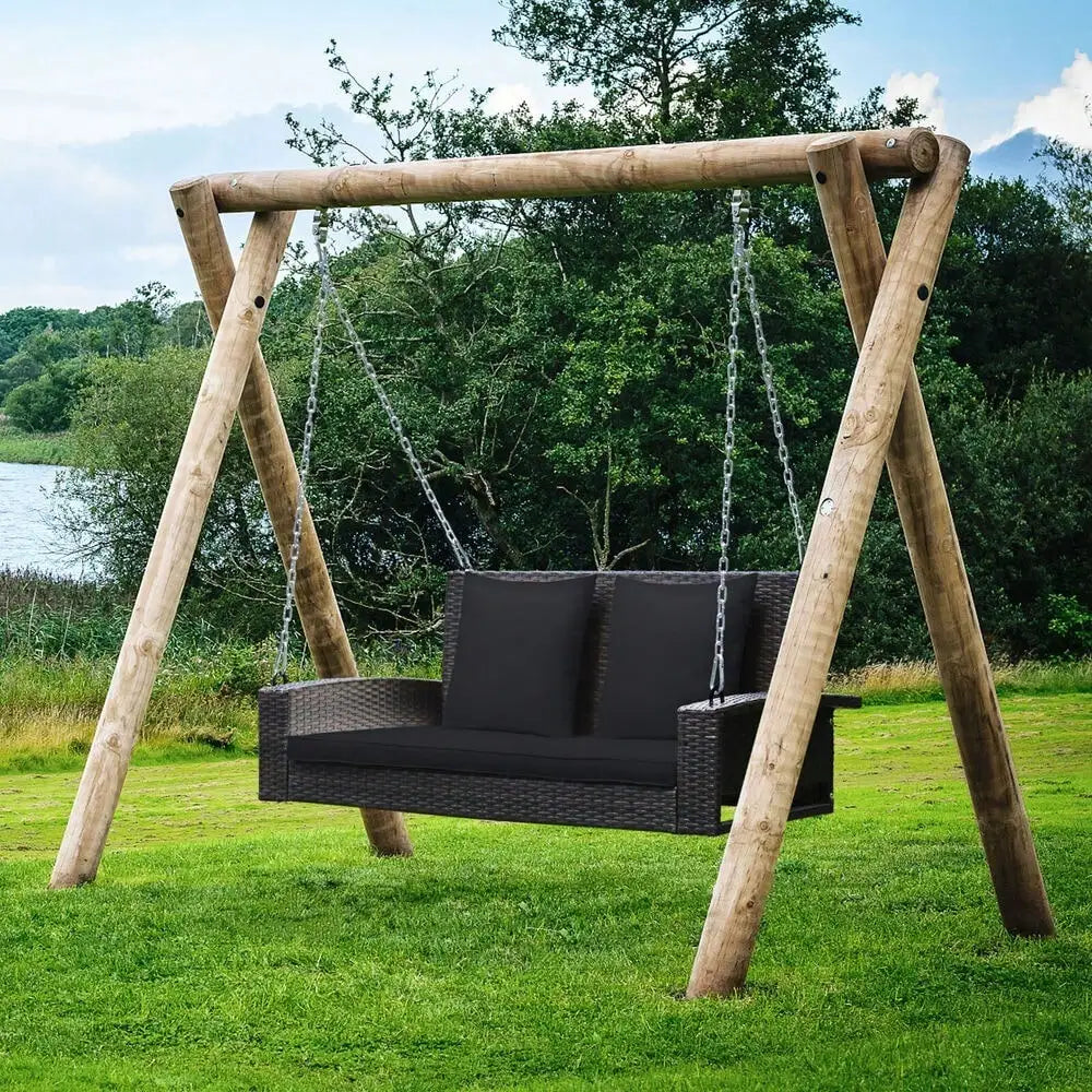 2-Person Patio Rattan Hanging Porch Swing Bench Chair Cushion Black