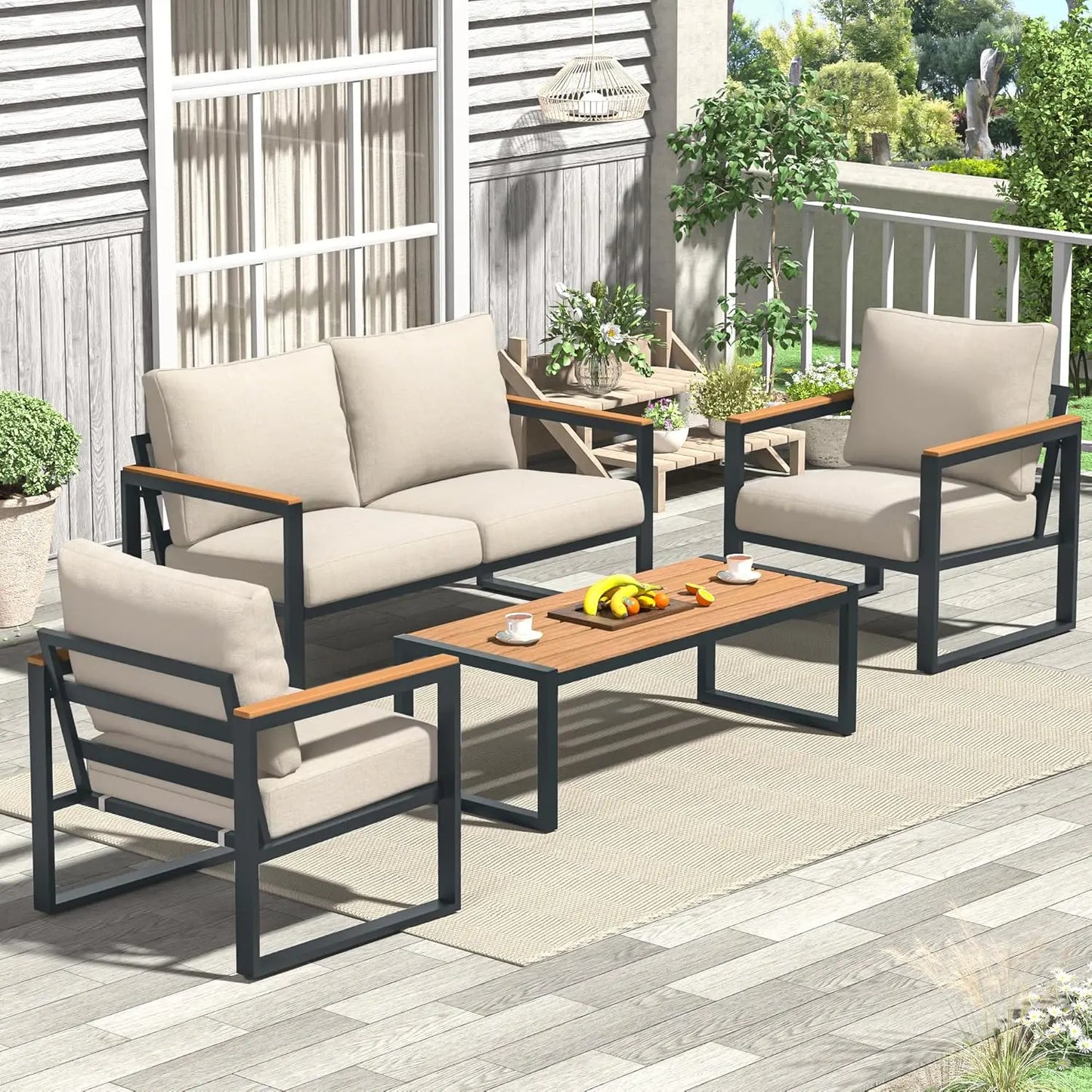 Patio Furniture Set, 4 Pieces Outdoor Patio Furniture with Coffee Table Set,Metal Patio Conversation Sets with Washable and High