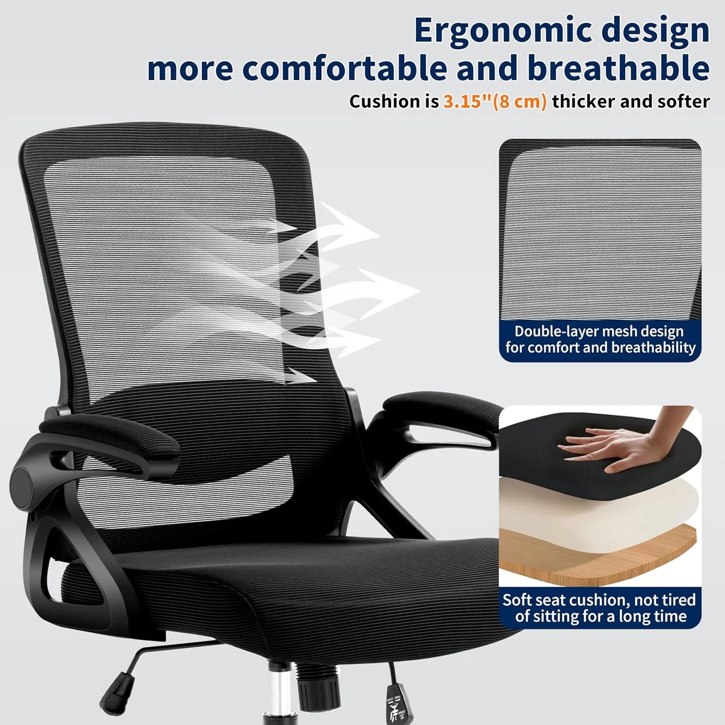 Ergonomic Office Chair, Desk Chair with Adjustable Lumbar Support, Breathable Mesh Comfy Computer Chairs with Flip-up Armrests