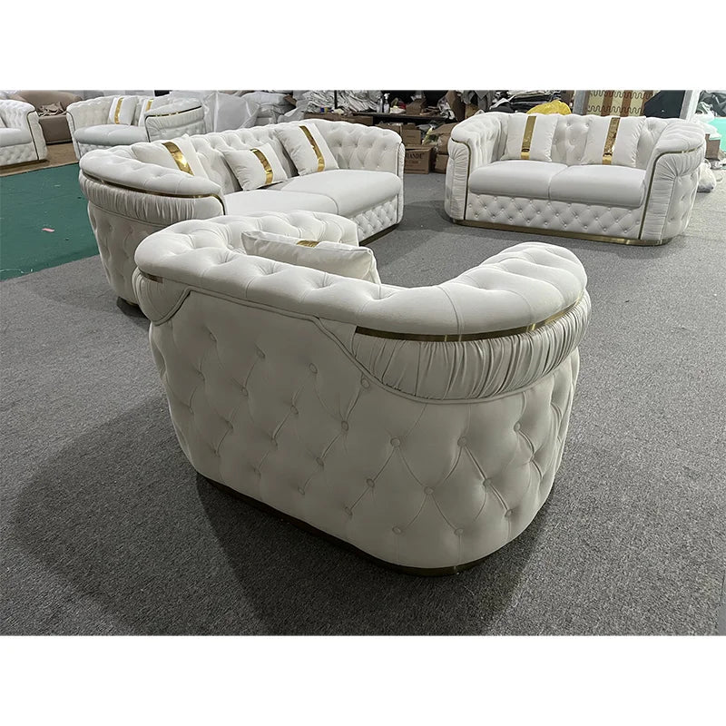 Luxury Rose Gold Leg White Chesterfield Sofa Velvet Fabric Button Tufted Living Room Couch Set Furniture