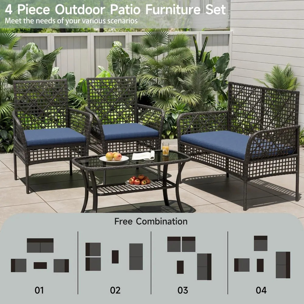 4-Piece Outdoor Wicker Rattan Furniture Set with Chairs, Coffee Table, and Cushions for Modern Patio Conversation