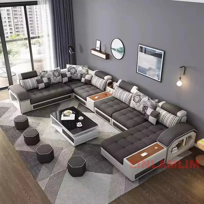 Customizable U-Shaped Sectional Fabric Sofa Set - Modern LivingRoom Furniture with Storage, Built-in Side Table, USB,andCushions