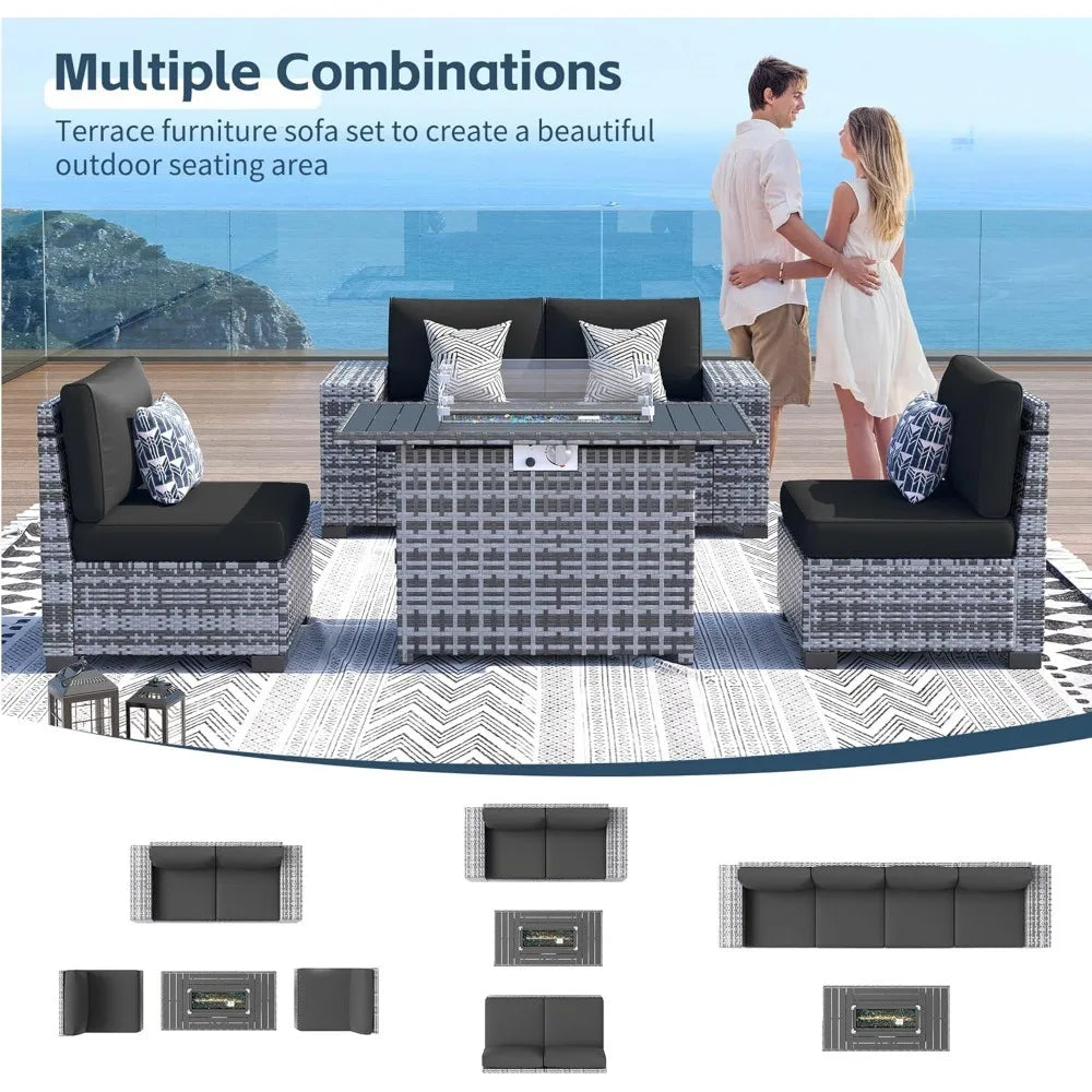 Hot-Sell! 13 Piece Patio Furniture Set with Fire Pit Table, 8''Wide Armrest Modular Rattan Outdoor Sectional Sofa Set,Grey/Black