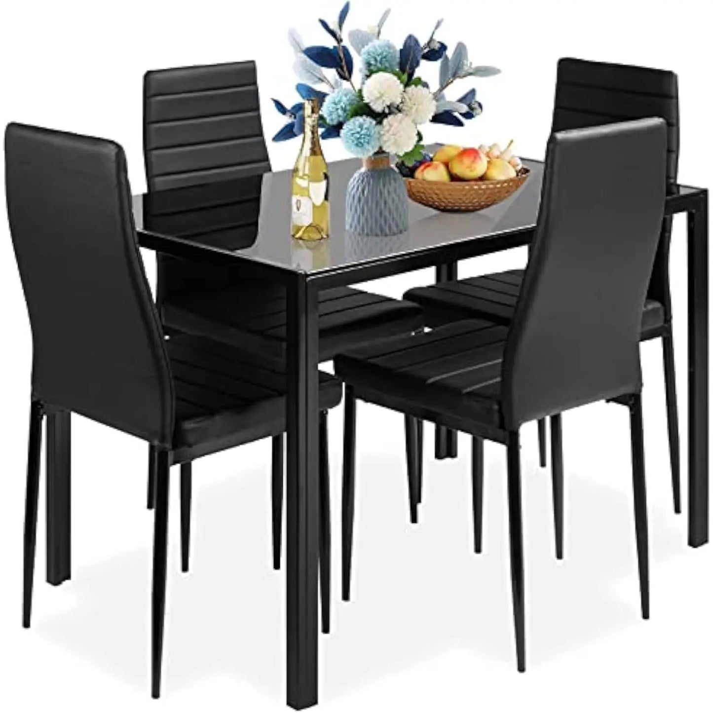 Dining Room Table Set for 4 Dining Table Set with Tempered Glass Table Top and 4 Faux Leather Chairs for Small Spaces Kitchen