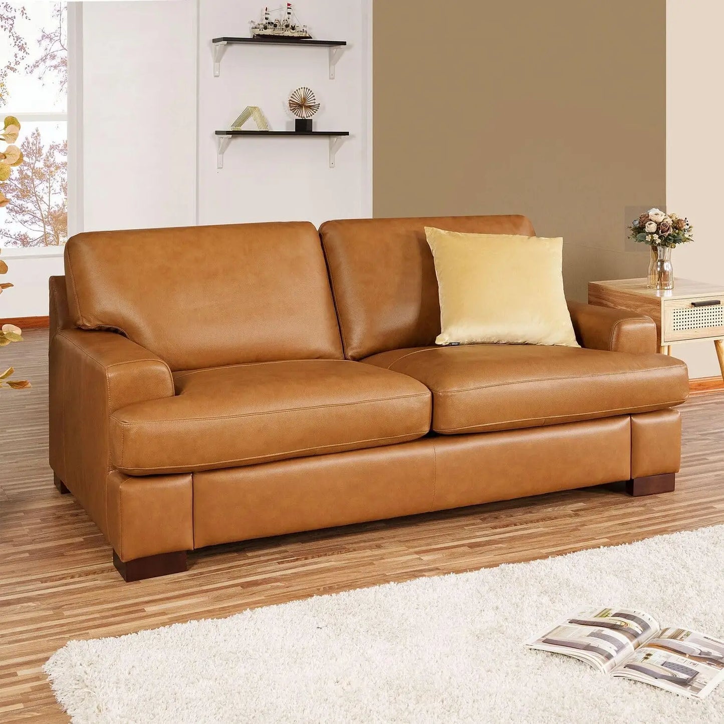 Siggy Genuine Leather Sofa - Set of 3 Luxurious Comfort, Goose Feather Cushion Filling, Square Arm Design, Sturdy Block Legs
