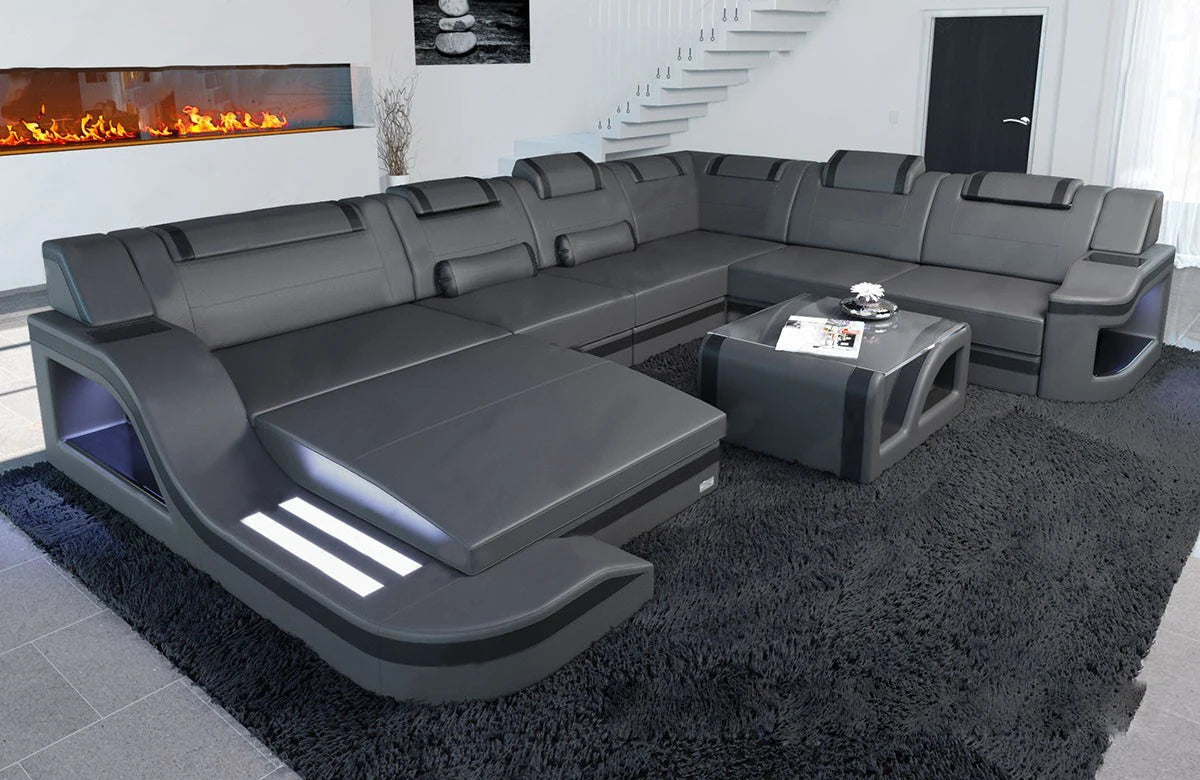 Sofa Set With Led Lights Leather Living Room Furniture U-Shaped Functional Sofa Set Sectional Sofa Modern Style