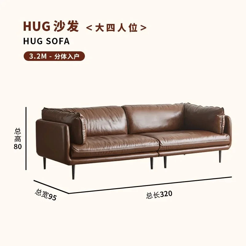Retro oil wax leather sofa down large living room Nordic simple medium and ancient style straight row leather art sofa