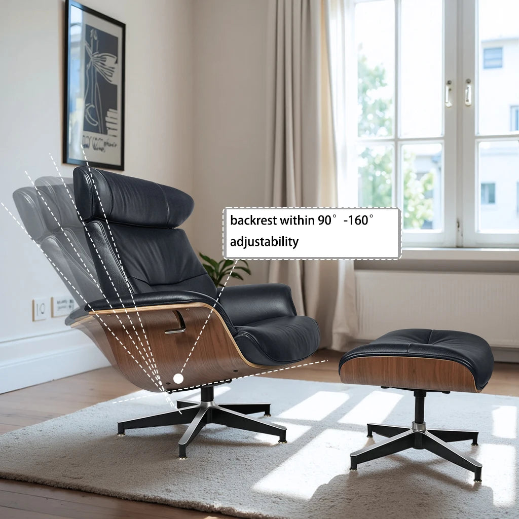 Modern Reclining Swivel Lounge Chair Walnut Black Genuine leather Ottoman include