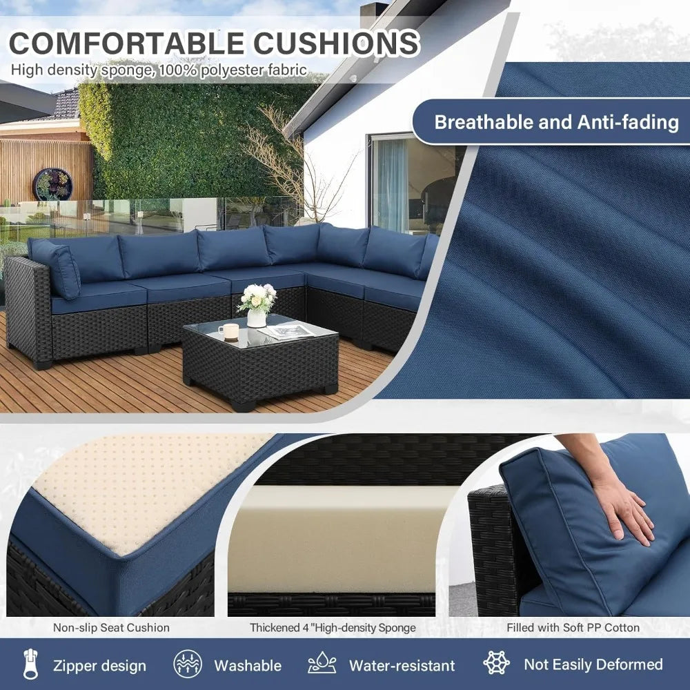 black rattan outdoor 7-piece wicker furniture set with navy blue washable cushions for patio sectional sofa