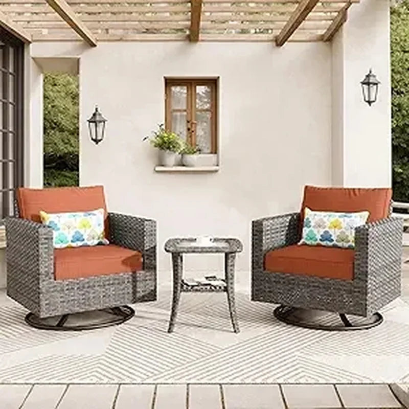 3-Piece Outdoor Swivel Chair Set with Cushions, Rattan Rocking Chairs and Side Table, Comfortable Patio Glider Furniture