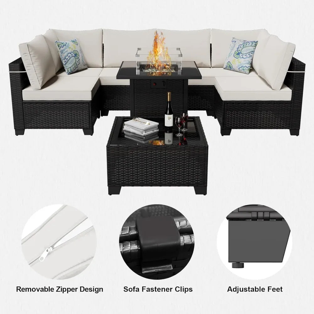 8-Piece Outdoor Patio Furniture Set with Fire Pit, Sectional Wicker Sofa, Conversation Area for Backyard