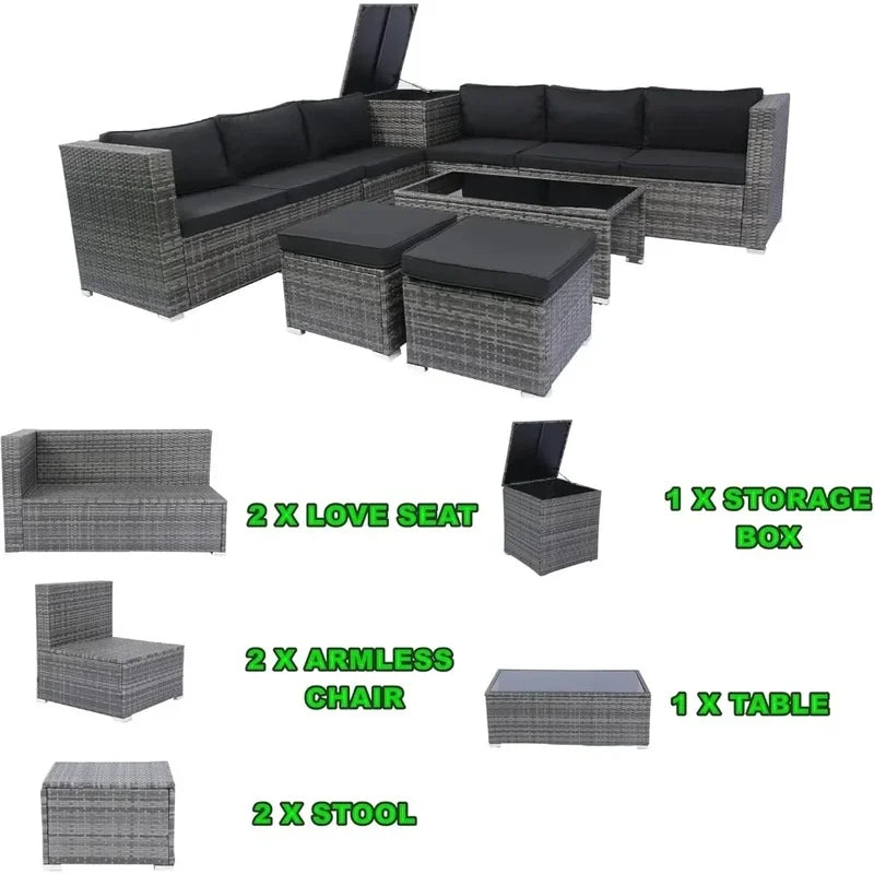 8-Piece Patio Sectional Wicker Rattan Outdoor Sofa Set with Storage Box and Cushion Box, Grey Wicker, Black Cushions, Clear