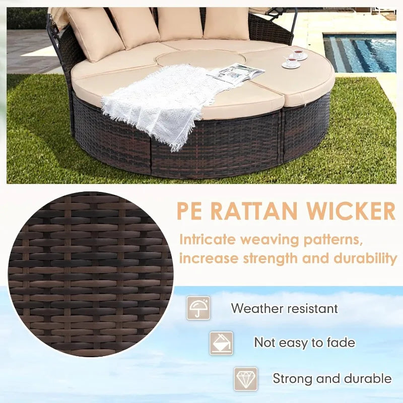 Outdoor Patio Round Daybed with Retractable Canopy, Brown Wicker Furniture Sectional Couch with Washable Cushions, Back