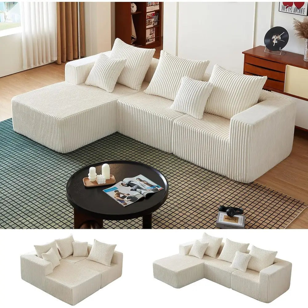 Cloud Sectional Couch, Boneless Sofa for Living Room, Corduroy Modular Couch with L Shape Chaise, Modern Compressed Sofa in a Bo