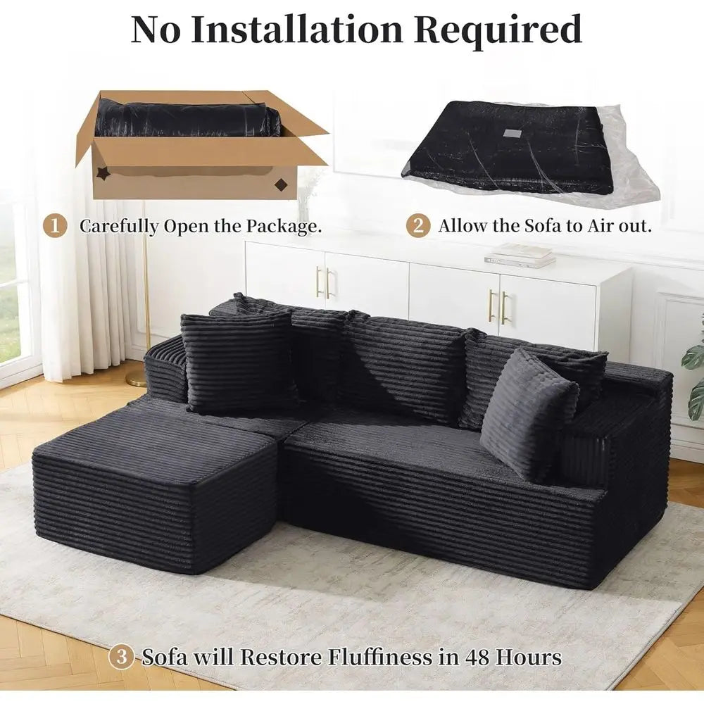 80 L-Shaped Sectional Sofa with Deep Seating and Ottoman, Comfortable Corduroy, Living Room, Bedroom, Easy Setup