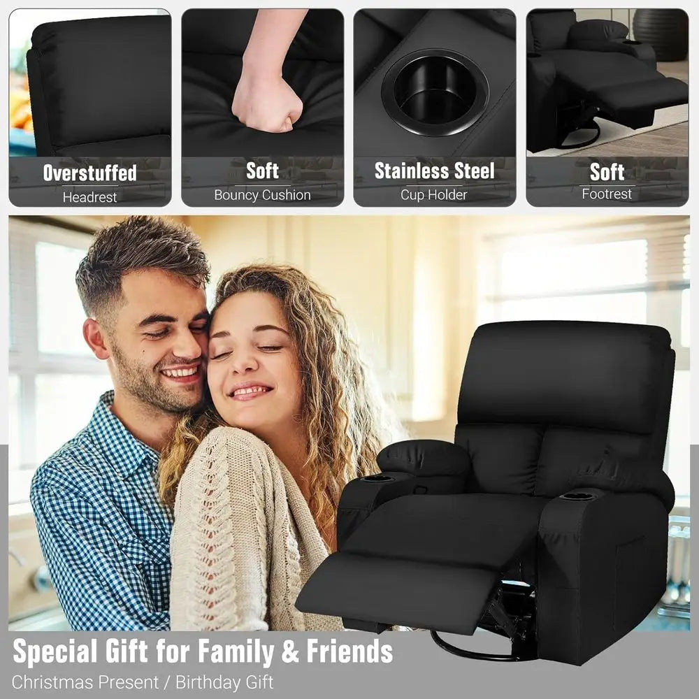 Rocking Recliner Chair, Massage Rocker Recliner Chair with Vibration Massage and Heat, 360° Swivel aux Leather Chairs, Living Ro