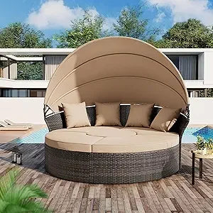 Outdoor Patio Canopy Bed Round Daybed with Washable Cushions, Clamshell Sectional Seating Wicker Furniture with Retractable Can