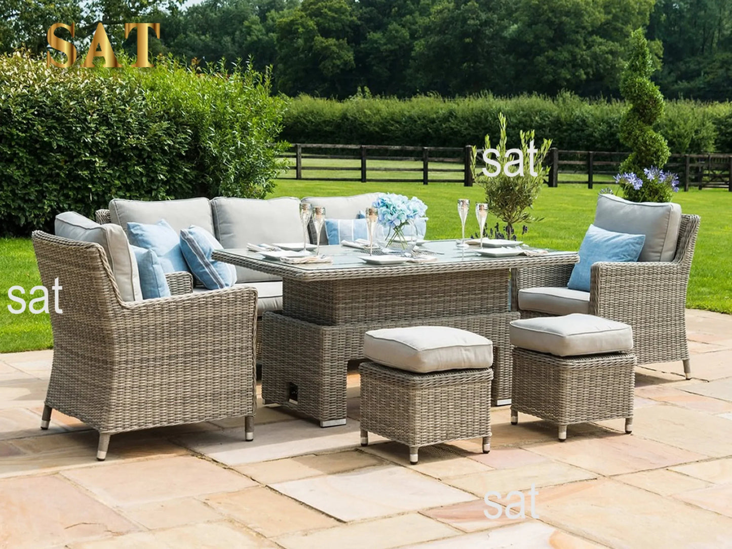 PatioLix Patio Wicker Dining Set Outdoor Furniture Sofa With Ice Bucket And Rising Table Waterproof Garden Rattan Sofa
