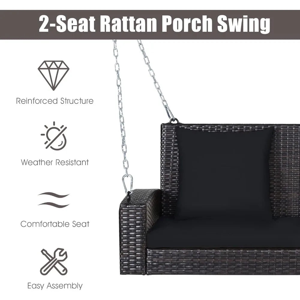 Outdoor Wicker Swing Bench for Two with Cushions, Durable Patio Hanging Rattan Seat, Comfortable Backyard Swing Chair