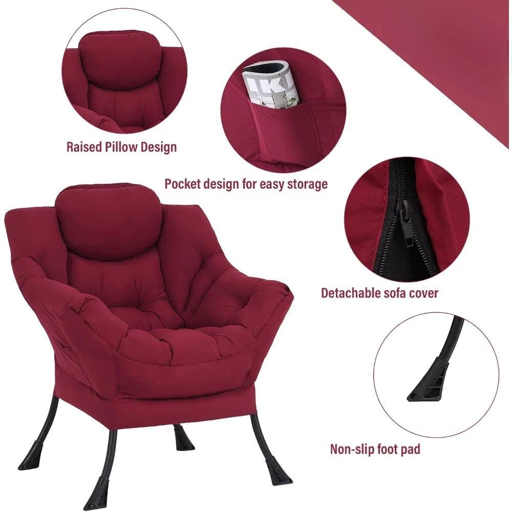 New Burgundy Lazy Chair with Ottoman, Modern Lounge Accent Chair with Armrests and a Side Pocket, Leisure Sofa Armchair - HOME