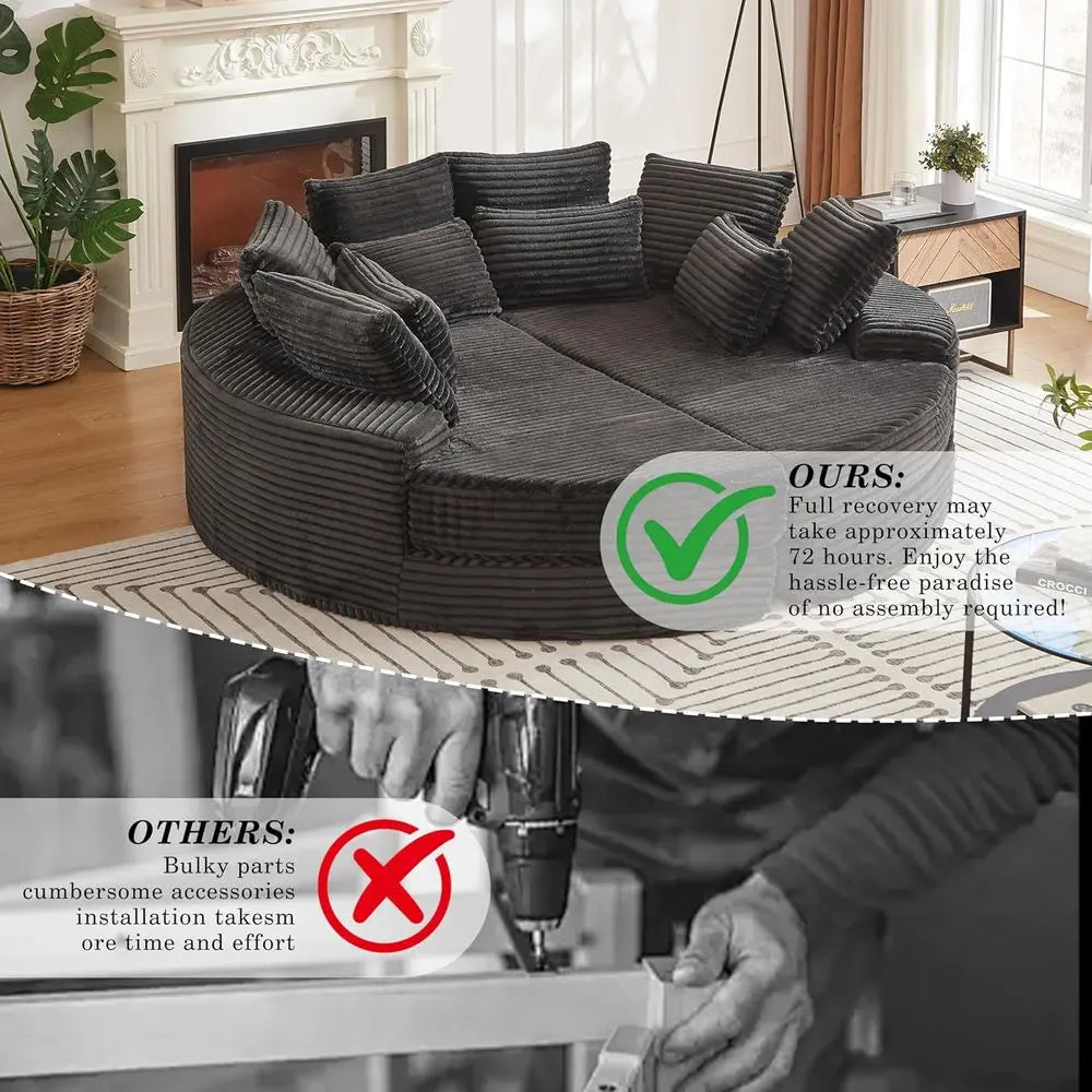 Oversized Corduroy Sofa with Recliners, 2-in-1 Bed, Lounge Chair, Neck Pillow, 5 Throw Pillows (Black)