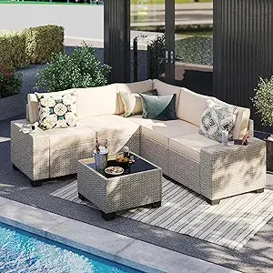 6 Pieces Patio Furniture Set, Outdoor Sectional Set of 6 w/Wide Armrest, Waterproof Wicker Conversation Set for Backyard, Deck,
