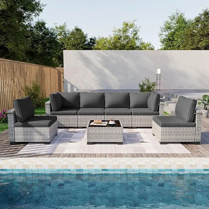 7 Piece Garden Furniture Set, Outdoor with Thick Cushions, Modular Rattan Garden Sofa, Anti-Rust Frame, Garden Furniture Set