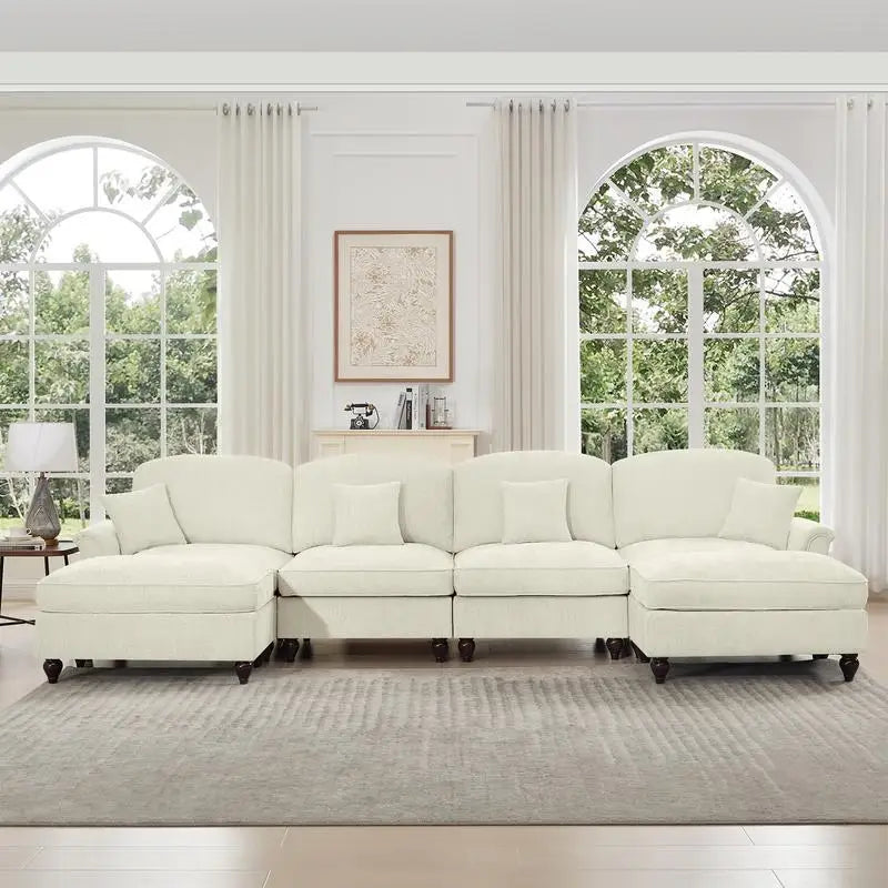 Classic U-Shaped 4-Seater Modular Sectional Sofa Couch with Flared Arms, Removable Ruffled Skirts, and Spindle Legs, Chenille
