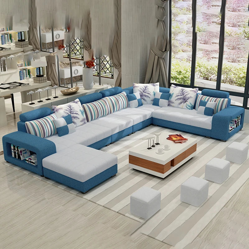 European Luxury Living Room Sofas 7 Seater U Shaped Home Furniture Wooden Fabric Armchair Corner Recliner Sectional Sofa Set