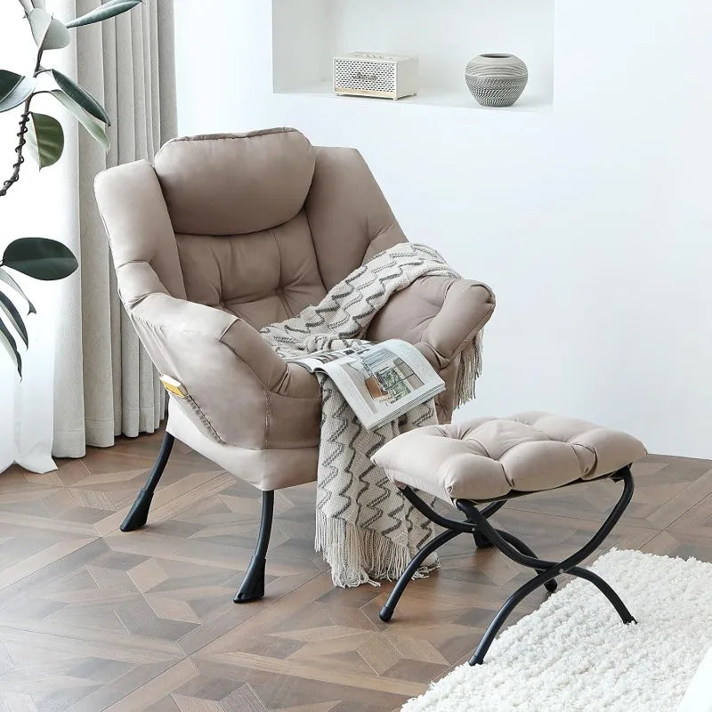 Reading Lounge Chair Set, Lazy Chair with Ottoman & Pocket, Khaki Upholstered