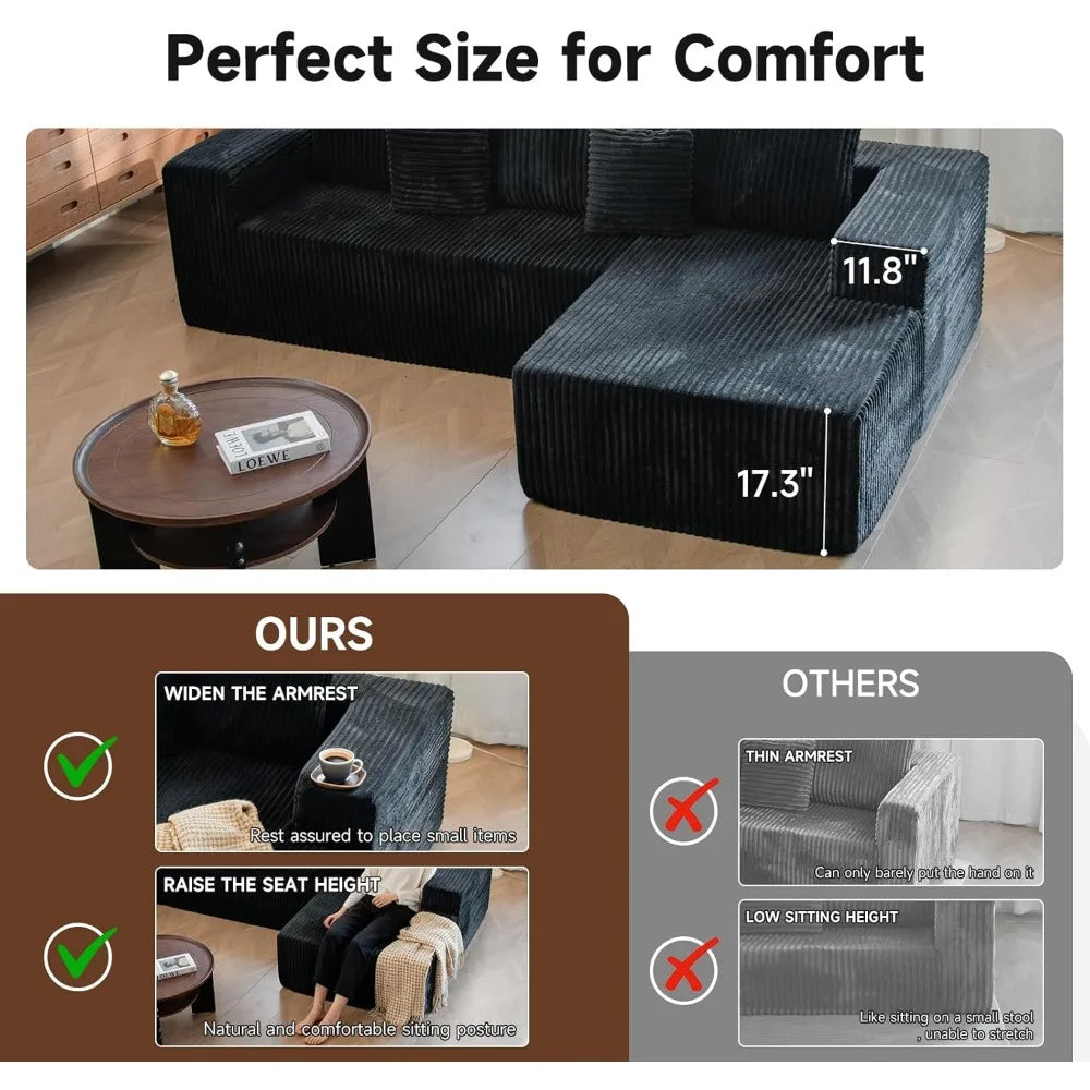 Upgrade 108’’ L Shape Cloud Couch, Plush Corduroy Sectional Sofa with Chaise, Boneless Couches for Living Room Bedroom, No Assem