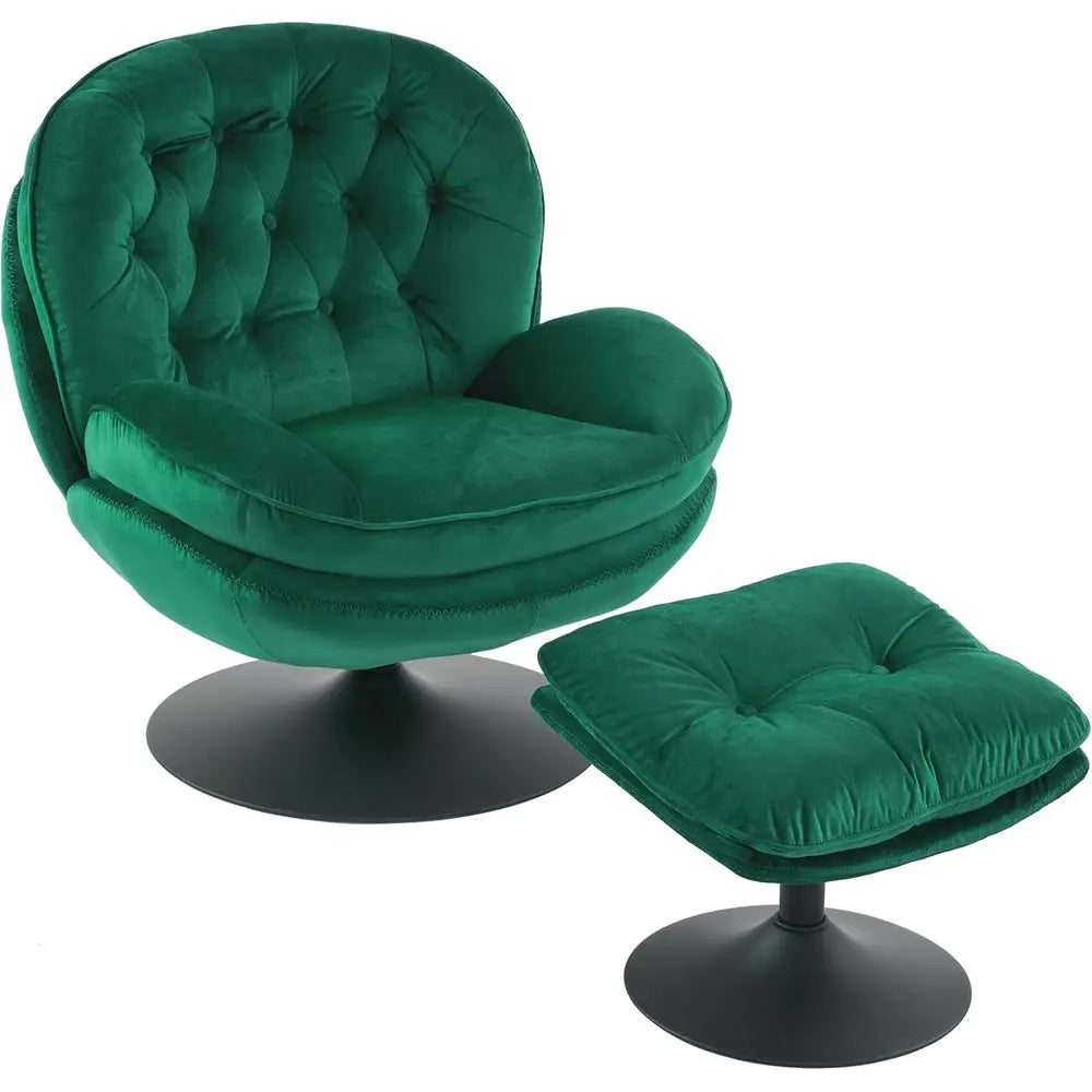 Green Velvet Swivel Chair and Ottoman Set for Living Room, Reading, TV Area, or Bedroom with 360-Degree Rotation