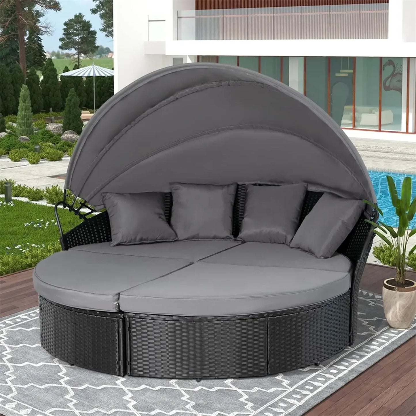 Terrace Circular Sofa Bed with Canopy, Brown Wicker Furniture